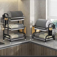 Égouttoir à vaisselle noir en acier au carbone, 3 niveaux, portable, moderne, avec porte-couverts, antirouille, pour cuisine