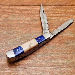 Damascus Steel Folding Pocket <b>Knife</b> Double Blade Drop Point Camel <b>Bone</b> Pakka Wood <b>Handle</b> DIY - Product Image 4
