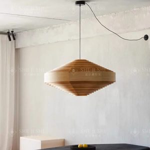 Luminaire suspendu de style Bauhaus, diamètre 60 cm 80 cm, abat-jour rond en bois, ampoule E27 à économie d'énergie, éclairage pour la maison, le restaurant, le balcon - Product Image 3