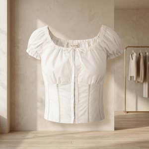 Chemisier court à manches courtes pour femme, blanc uni, 100 % coton popeline, boutonné, respirant, style Prairie Chic, printemps-été, décontracté - Product Image 4