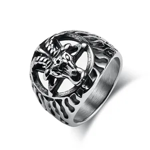 High Quality 19mm Stainless Steel Evil Goat Head Ring Customizable LOGO Retro Hollow Out Demon Satan Rings for Men