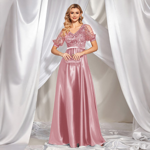 Dusty Pink Dress - Evening Gown with Beading & V-Neck