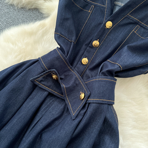 Vestido Vintage con Cuello en V y Botones Metálicos - Vestido sin Mangas Elegante <span class=keywords><strong>de</strong></span> Mezclilla para <span class=keywords><strong>Mujer</strong></span>, <span class=keywords><strong>Vestidos</strong></span> Casuales para <span class=keywords><strong>Mujer</strong></span> - Product Image 5