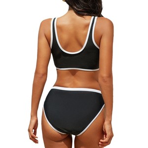 Conjunto de bikini cruzado con cuello halter para mujer, traje de baño asimétrico con bloques de color para natación y deportes acuáticos - Product Image 5