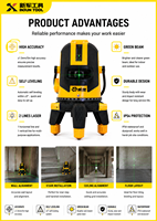 Niveau laser vert haute précision Huake pour usage intérieur/extérieur, 2 lignes, qualité industrielle, alimenté par batterie, auto-nivelant, 0-3m, 1 an