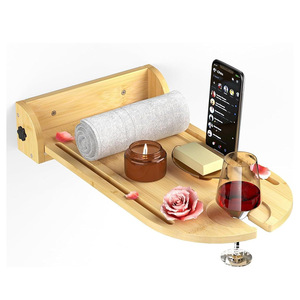 Estante de baño de bambú para montar en la pared, 50x30 cm, plegable, con soporte para teléfono y vino. - Product Image 5