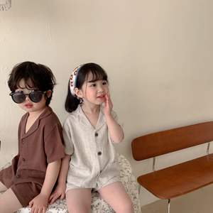 Ensemble d'été pour garçons en lin à manches courtes, couleur unie marron <span class=keywords><strong>beige</strong></span>, chemise et <span class=keywords><strong>short</strong></span> en lin, vente en gros Linda - Product Image 4