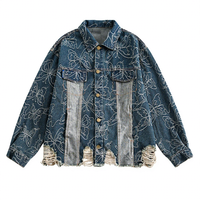 Veste en jean pour homme avec imprimé floral personnalisé, coupe délavée, ourlet vieilli, boutons sur le devant et poches poitrine, idéale pour un style décontracté