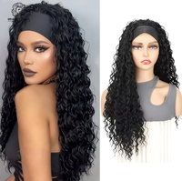 Perruque bandeau populaire 26 pouces, style Afro Kinky Curly Deep Wave, en fibre synthétique résistante à la chaleur, sans colle, avec bonnet en maille élastique réglable