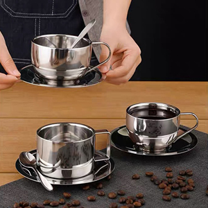Taza de Café Estilo Coreano al por Mayor, Taza de Doble Capa de Acero Inoxidable 304 para el Hogar y la Oficina con Juego de Plato y Cuchara - Product Image 4