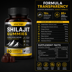 Gummies de Shilajit sans sucre à base de plantes, riches en acide fulvique, oligo-éléments et Ashwagandha, pour stimuler l'énergie quotidienne, renforcer la résistance et équilibrer le stress - Product Image 4