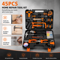 Kit d'outils à main pour la maison, pour réparation DIY, 45 pièces, comprenant marteau, pinces, tournevis, douilles, avec étui de rangement en plastique soufflé