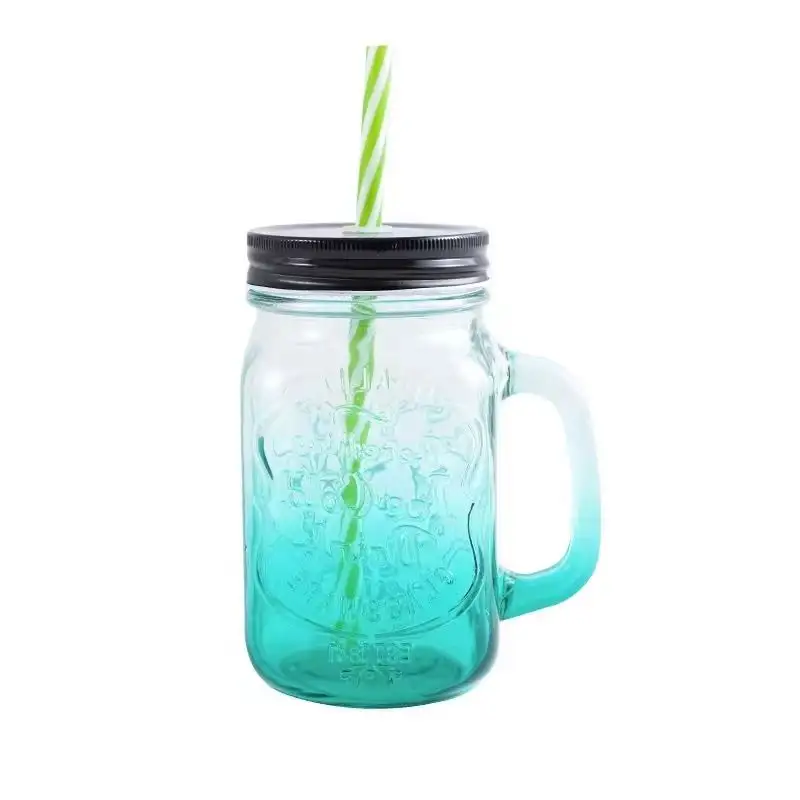 Hot fruit juice drink cup with straw cover Cold drink cup with handle 16oz square gradient glass Mason Mug