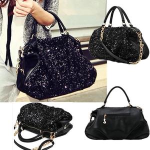 กระเป๋าถือผู้หญิงสีดำประดับเลื่อมวิบวับ หนัง PU สะพายไหล่แบบสะพายข้างพร้อมสายโซ่ - Product Image 3