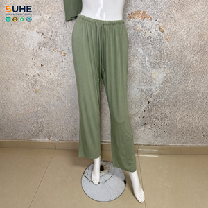 Conjunto de Pijama de Jersey para Mujer SUHE, Cuello en V, Manga Corta, Ribete de Encaje, Cierre con Cordón, Largo Completo, Color Sólido Suave, Primavera/Verano - Product Image 4