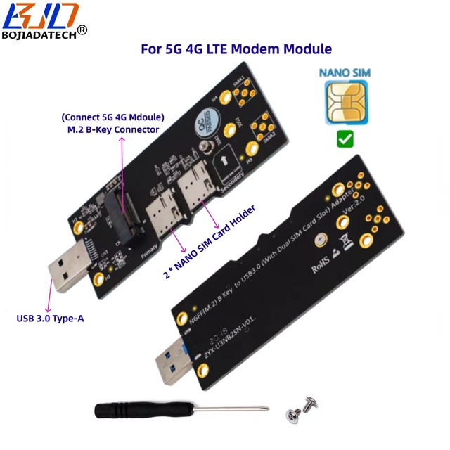 USB 3.0 Type-A Connector to NGFF M.2 Key-B Wireless Modem Adapter 2 NANO SIM Card Holder for 3042 3052 5G 4G LTE WWAN Module
