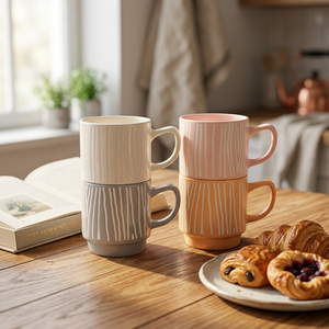 New Design Classic Ceramic Porcelain <b>Mug</b> <b>Set</b> Stripe Geometric Embossed Pattern Reusable Dishwasher Microwave Safe Presents Home - Product Image 1