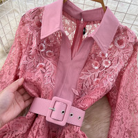 Robe longue élégante pour femmes, à manches longues, en dentelle, coupe trapèze, avec ceinture, col rabattu, robe de soirée décontractée pour femmes, vêtements pour femmes
