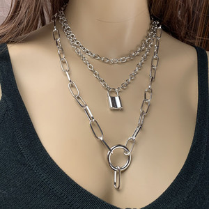 Geometric Multi Layer <b>Necklace</b> <b>Set</b> <b>Silver</b> Zinc Alloy Lock Pendant Fashion Jewelry - Product Image 1
