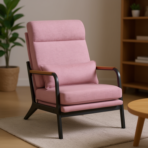 Fauteuil à dossier haut avec accoudoirs, structure en fer, revêtement en lin rose, fauteuil de salon, design moderne du milieu du siècle - Product Image 2