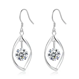 ED060 Wholesale Korean 925 Silver Leaf Shape Hollow Out Diamond drop zircon hook earrings Tassel Eardrop for wedding
