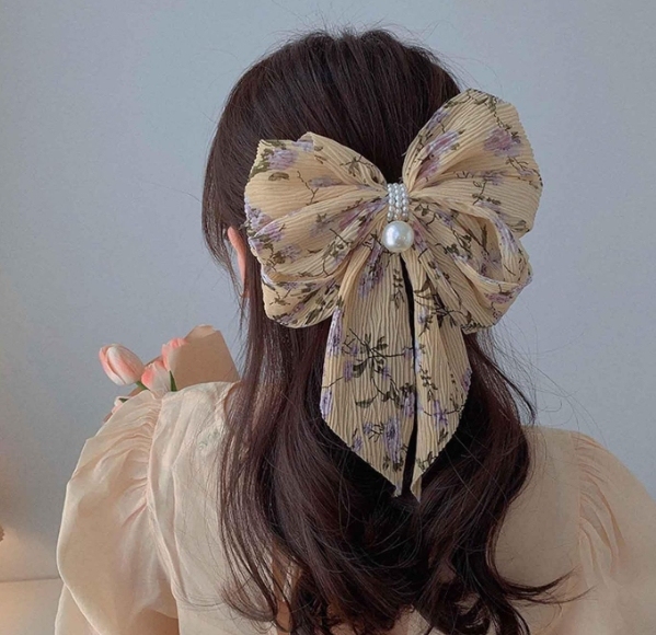Boho Floral Print Layered Large Bow Hair Clip Big Bow Three Layer Hair Clips, Floral Printed Silver Plated  main image 3