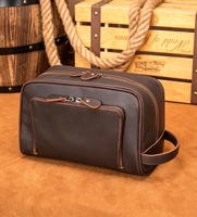 Tas Clutch Kulit Sapi Coklat Tua Pria, Tas Perlengkapan Mandi Kulit Asli, Tas Cuci, Dopp Kit, Pegangan Samping, Pesanan Grosir Pabrik