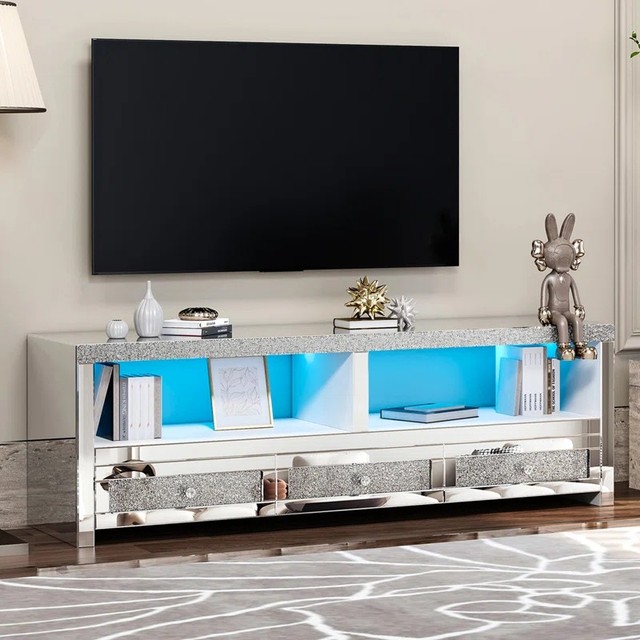 High Quality Silver Mirrored TV Stand With Led Light Modern Entertainment Center With Drawers and Open Storage