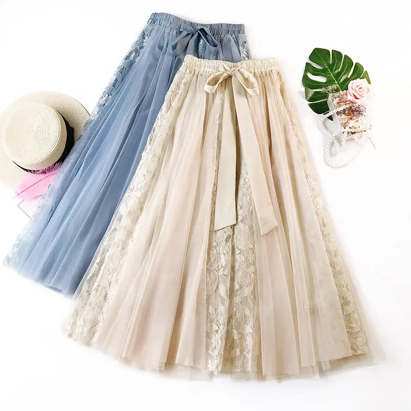 Talla 85cm longitud muchas capas mujeres largo Maxi falda de encaje coreano lindo arco alta cintura Falda plisada