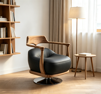 Fauteuil de salon haut de gamme en bois de zèbre rouge, rotation à 360 degrés, siège rembourré en cuir noir et base en métal doré