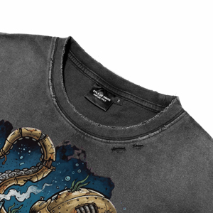 T-shirts respirants pour hommes, style vintage délavé et vieilli, avec impression DTG personnalisée pieuvre steampunk, décontractés, à manches courtes et col rond, vente en gros - Product Image 5