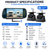 Sistema de Cámara de Visión Trasera AHD Inalámbrico Dual, Monitor Táctil IPS de 7 Pulgadas, Visión Nocturna Impermeable IP68, 15 LED IR, para RV, Remolque, Camión