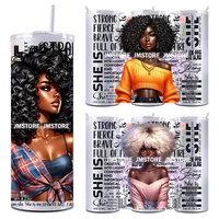 Autocollants de transfert DTF UV imperméables prêts à appliquer pour gobelets, motif « Forte Femme Noire » pour gobelets droits et fins de 20 oz