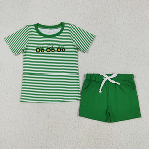 Conjunto de Ropa de Verano para Niños, Camiseta con Bordado de Tractores y Rayas Verdes, Pantalones Cortos - Product Image 1