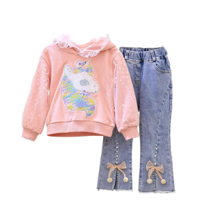 Nouvelle Mode Ensembles de Vêtements pour Filles Sweat à Capuche <span class=keywords><strong>Licorne</strong></span> Pailletée et Pantalon en Jean Perlé pour Enfants - Product Image 1