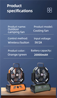 Ventilateur portable rechargeable 27x30 10000mAh avec lumière LED et batterie externe pour camping, usage domestique et hôtelier
