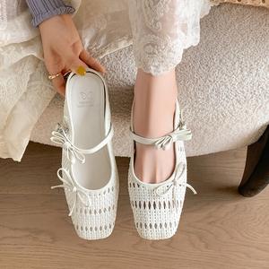 Zapatos de plataforma de suela gruesa y tejido abierto con cierres metálicos de lazo, parte delantera cubierta, parte trasera abierta, zapatos de mujer de tacón bajo - Product Image 4