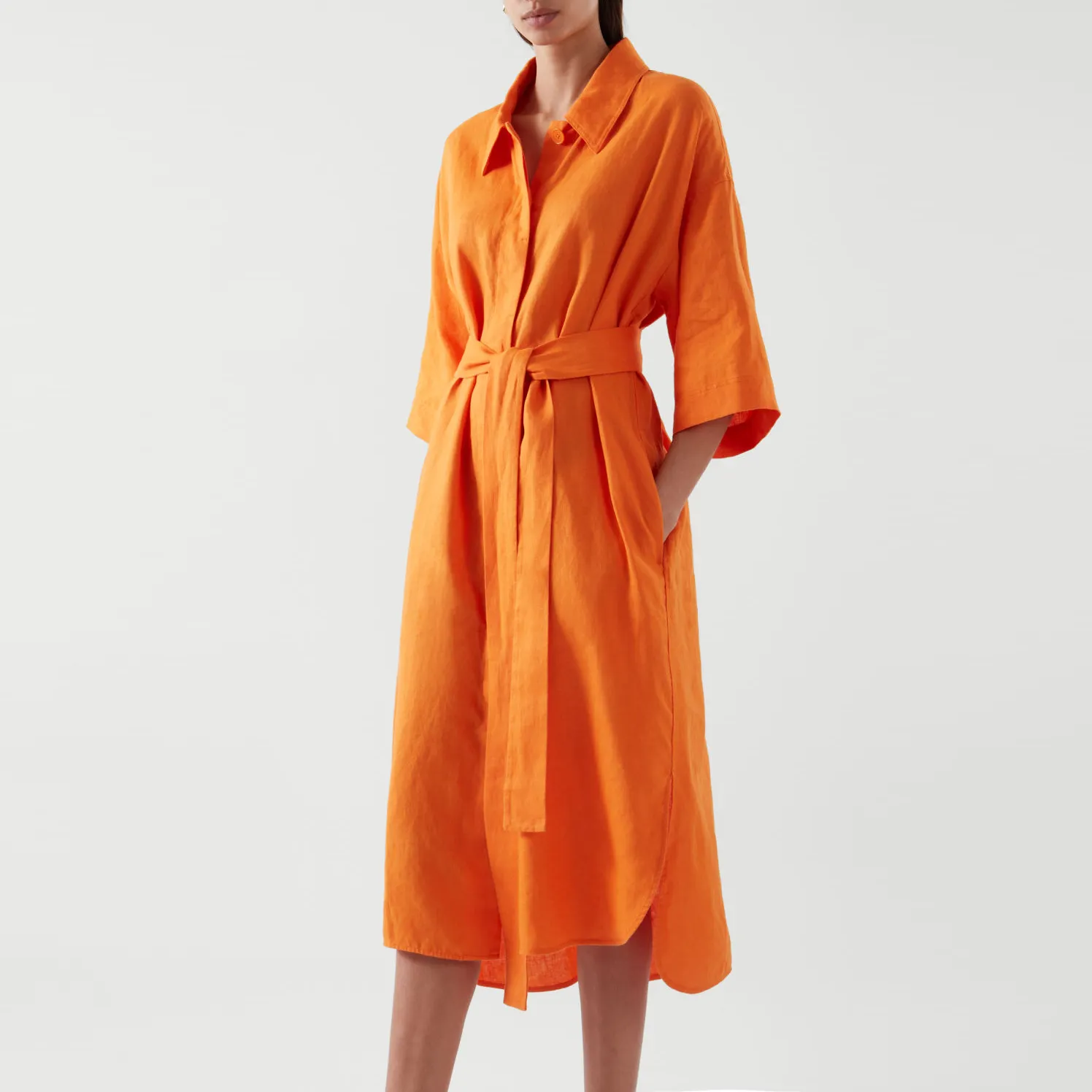 Vestido camisero de lino con solapa para mujer, ropa personalizada, informal, con botón frontal, manga corta