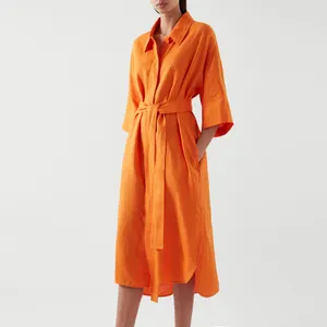 Robe chemise en lin pour femme, vêtement personnalisé, vente chaude, décontractée, revers, bouton avant, manches courtes