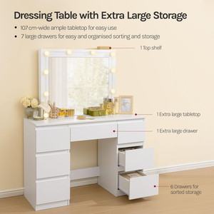 Table de maquillage haut de gamme avec plateau en verre blanc, miroir LED réglable, table de toilette moderne avec tiroirs et 2 prises - Product Image 4