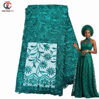 Tissu en dentelle de tulle à cils vert émeraude nigérian fait main avec perles et strass, prix de gros, pour robes féminines