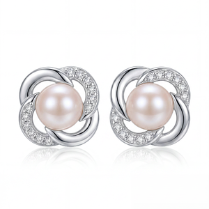 Elegant Copper Leaf Freshwater Pearl <b>Stud</b> Earrings Zircon Jewelry for Women Wedding Bridal Anniversary Gift - Product Image 1