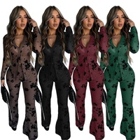 Nouvel ensemble sexy en maille florale transparente 2 pièces, haut à manches longues boutonné + pantalon évasé assorti pour femmes, tenue de soirée, streetwear