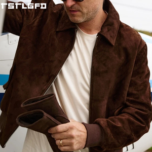 Cut And Sew <b>Suede</b> Bomber <b>Jacket</b> <b>Men</b> Dark Brown Ribbed Cuff Windbreaker Streetwear Outerwear Manufacturers Bulk - Product Image 5