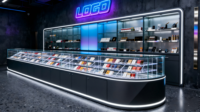 Vitrine moderne en verre avec éclairage LED pour présentation de cigarettes en magasin et centre commercial