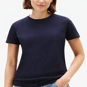 Camiseta de manga corta con cuello redondo azul marino para mujer, corte regular, 100% algodón, informal, de color sólido, transpirable. - Product Image 3