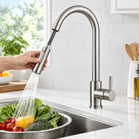 Robinet de cuisine moderne minimaliste en acier inoxydable 304 brossé avec bec col de cygne haute portée, double jet et levier rotatif