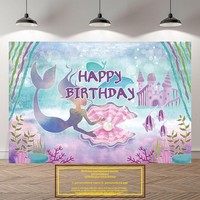Toile de fond décorative pour fête d'anniversaire de filles sur le thème de la princesse sirène, poster personnalisable, fond mural, bannière personnalisable, panneau KT numérique