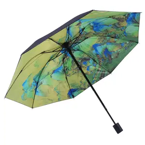 Dd2044 Vintage Lichtgewicht Volautomatische Parasol Uv Spf 50 Mini 5 Opvouwbare Compacte Landschapsprint Reisparaplu