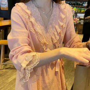 Printemps et été Section mince rétro princesse Style pyjamas dames dentelle col en v Cardigan cravate corde à manches longues lâche <span class=keywords><strong>Homewear</strong></span> deux - Product Image 4